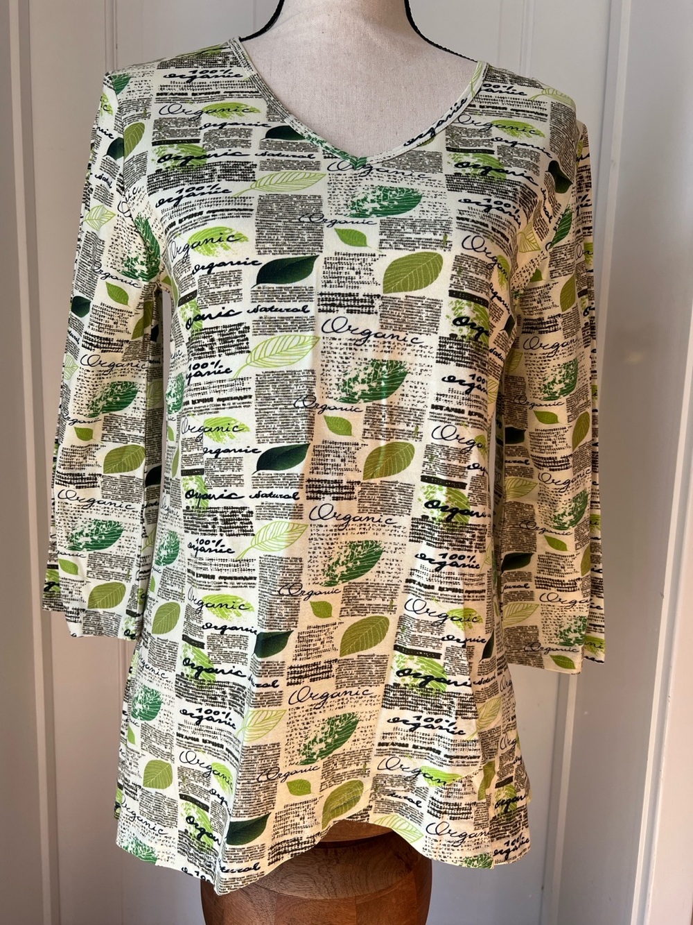NEW Parsley & Sage V-Neck Printed Newspaper Leaf Cotton Tunic, 3/4 Sleeve Size S